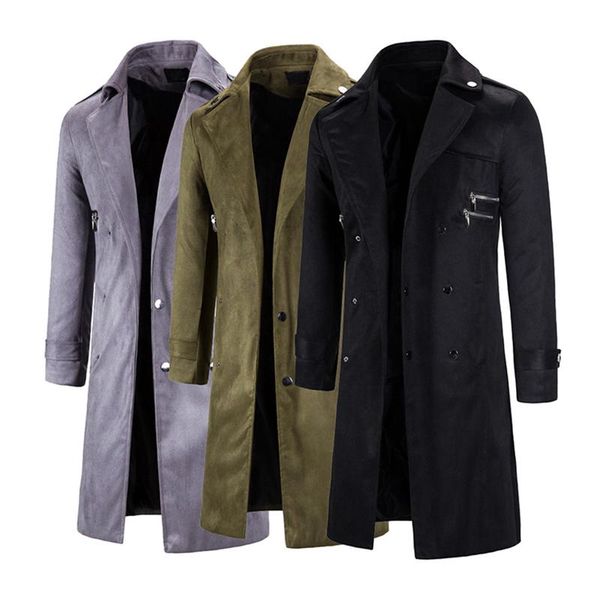 

coats for men new solid color lapel long men's coat slim zipper pocket belt for male fashion coat clothing, Tan;black