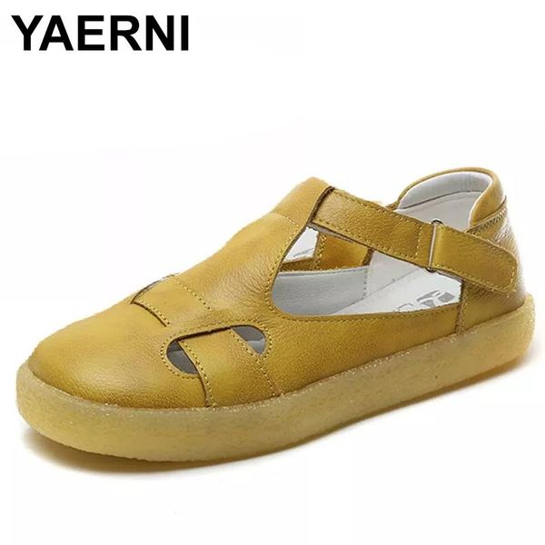 

sandals yaerni genuine leather shoes woman hollow out female casual flat with ladies shoe sandalias de mujer verano, Black