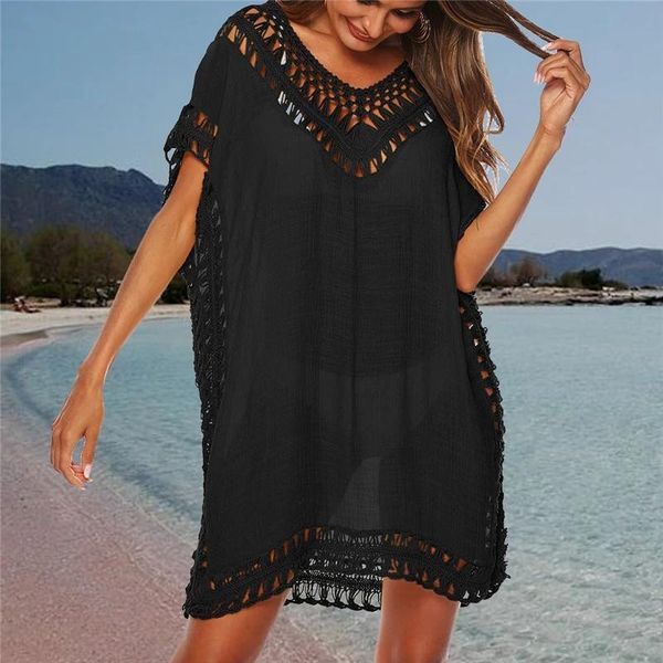 

women's swimwear beach cover up 2021 pareo crochet knitted tassel tie beachwear tunic long pareos swimsuit see-through dress, White;black