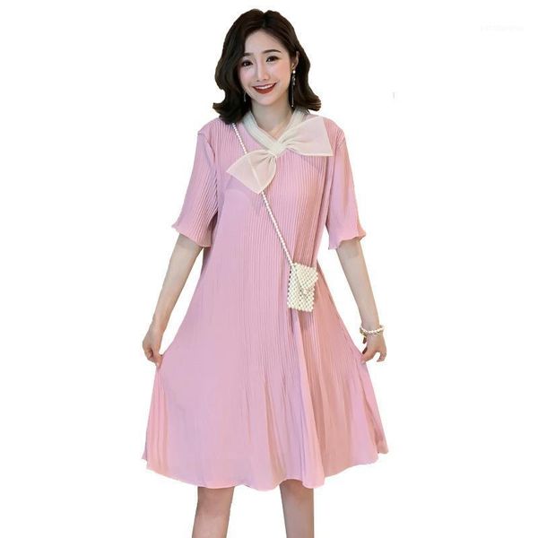 

summer mid-length loose pleated chiffon bow organza maternity dress dresses1, White