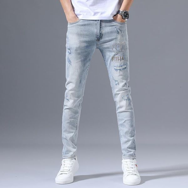 

men's jeans high-end men fashion brands ripped embroidered slim feet light color all-matching long pants, Blue
