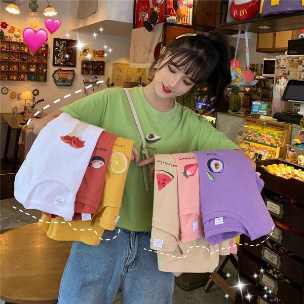 

women's t-shirt kawaii seven color fruit pinted summer for women o-neck series sister group short sleeves tee, White