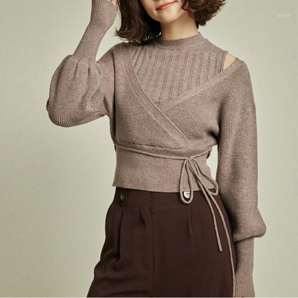 

women's sweaters turtleneck drawstring puff sleeve knitted sweet loose shoulder strapless women autumn winter pullovers, White;black