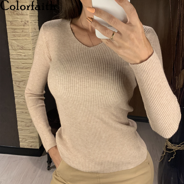 

colorfaith ne'w 2021 winter spring women's sweaters pullover v-neck minimalist bottoming multi colors, White;black