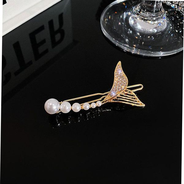 

girl stylist beauty fish tail hairpin fashion imitates pearl temperament bang clip woman one word bead flower hair clips & barrettes, Golden;silver