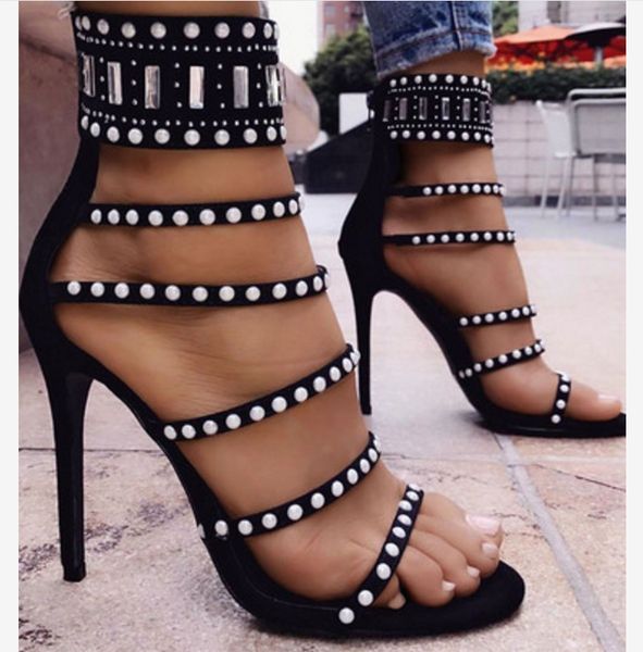

new 2021 pearl straps women open toe high heel sandals luxury rhinestone patchwork ladies stiletto faux suede leather mq4x, Black