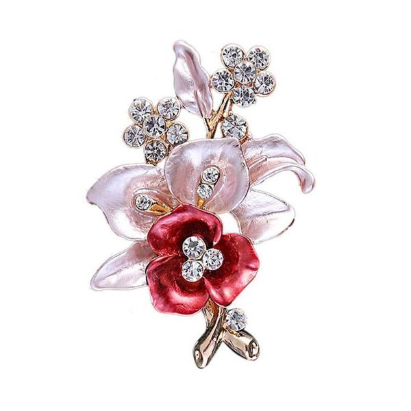 Anstecknadeln, Broschen, rote Brosche, Wildblumen-Tropfen-Emaille-Strass-Corsage-Kleid