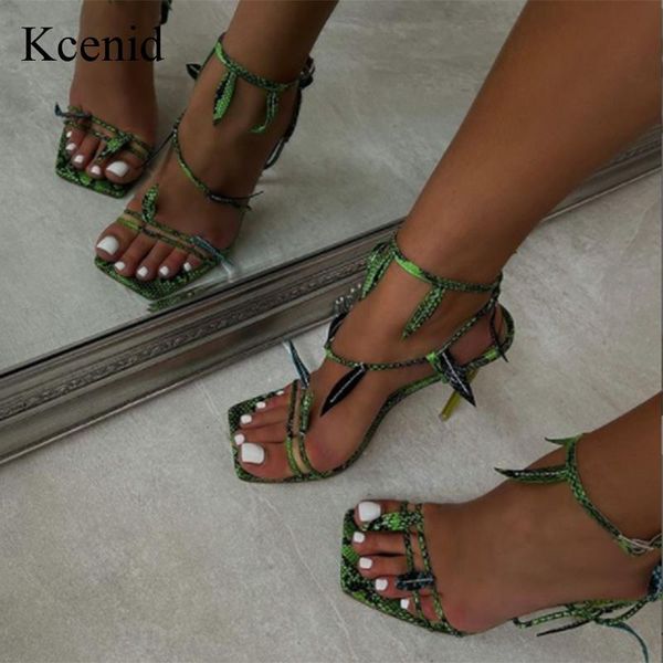 

kcenid new fashion snake print leaf design hollow summer women's sandals open toe buckle stiletto crystal high heels shoes, Black