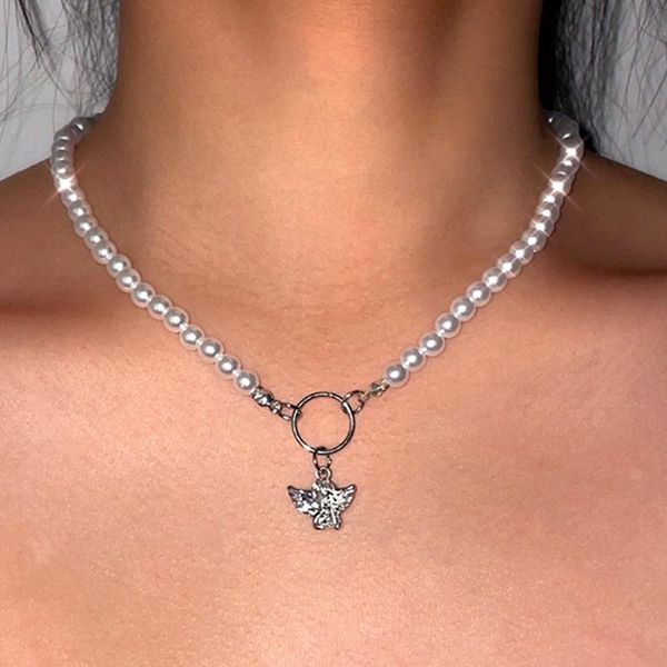 

chains retro gothic small angel pendant necklaces for women girl white pearl beaded long chain necklace 2021 fashion jewelry gifts, Silver