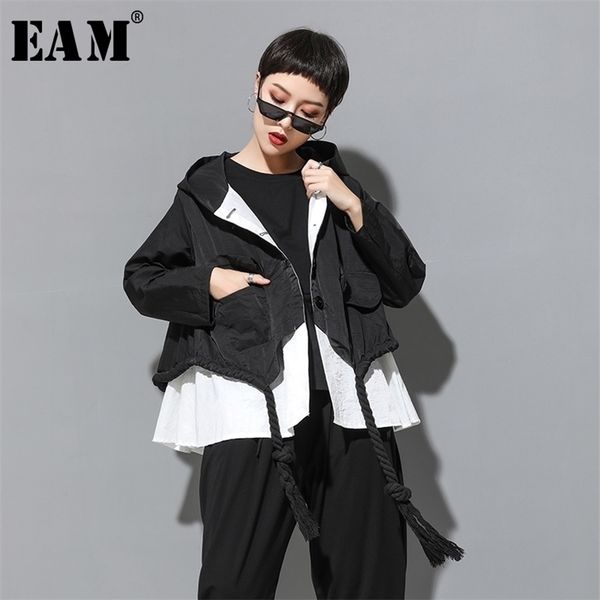 

[eam] new autumn hooded collar long sleeve spliced big size drawstring button loose jacket women coat fashion tide jy906 201017, Black;brown