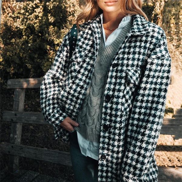 

2021 new autumn winter plaid loose jackets causal houndstooth long sleeve streetwear coat 4l0s, Black;brown