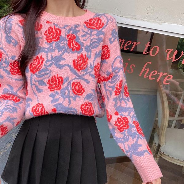 

women's sweaters printed flower plus large size oversize korean style fashion pullovers for autumn clothing ladies sweater 2021, White;black