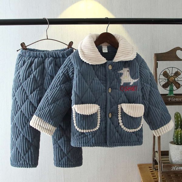 

children's winter pajamas three layer thickened cotton clip baby boys and girls big children coral velvet warm home suit, Blue;red