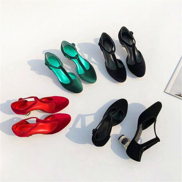 

dress shoes t-band crystal heel ladies high heels black red green fashion spring and autumn party