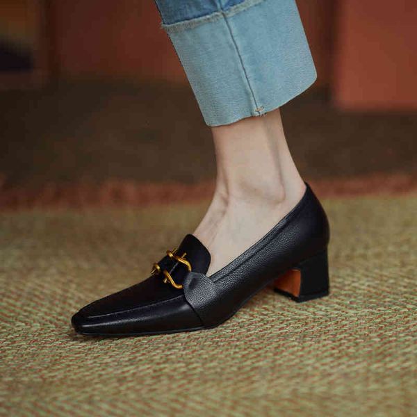 

dress shoes genuine leather stiletto medium high heels pointed toe pumps for women metal decoration woman spring new party dvto, Black