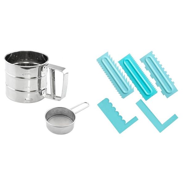 

baking & pastry tools hand-held flour sieve stainless steel icing sugar filter tool 2pcs with decorating comb smoother 5