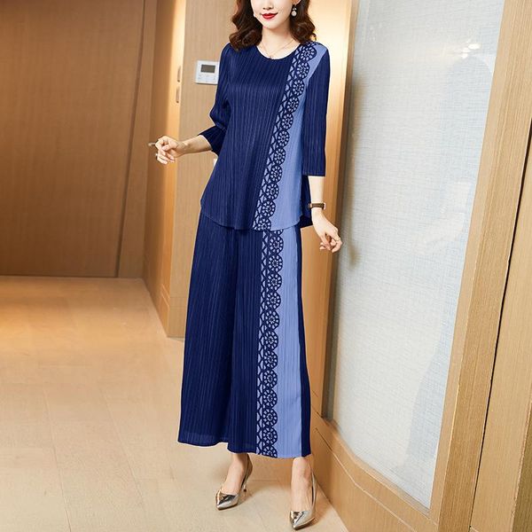 

women's two piece pants luxurious pleated 2 set women contrast wide leg luxury clothing palazzo ensemble femme survetement, White