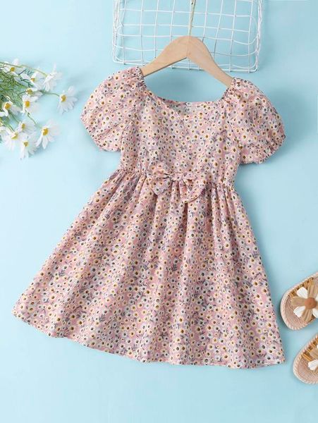 

toddler girls ditsy floral print puff sleeve bow front dress she, Red;yellow