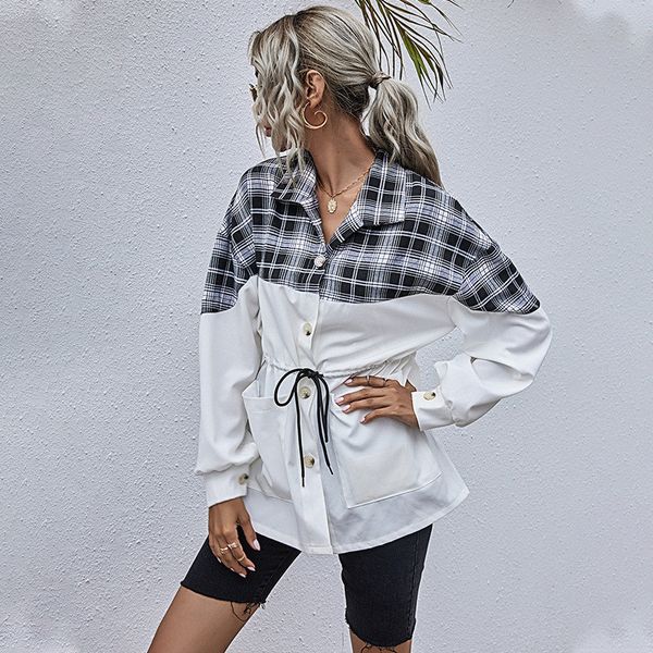 

2021 autumn winter plaid casual full sleeve patchwork shirt pocket drawstring slim blouse for women new wzh7, Tan;black