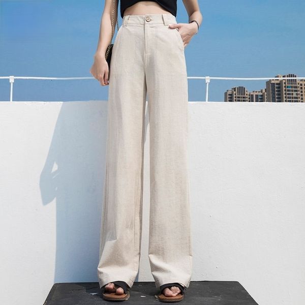 

women's pants & capris white linen wide-leg summer thin trousers high waist drape straight loose cotton for 14dm, Black;white