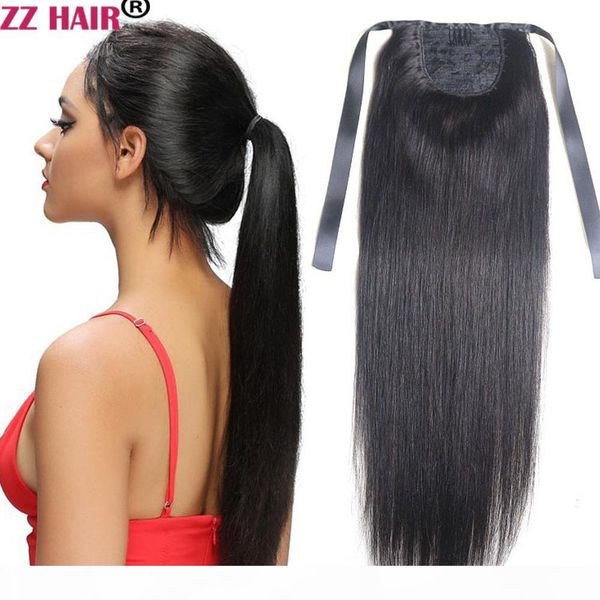 

16"-32" 100% brazilian remy human hair ribbon ponytail horsetail clips in on human hair extension straight hair 100g natural strai, Black