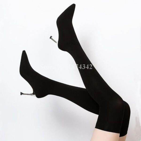 

boots women over-the-knee pointed toe thin high heel stockings autumn fashion est stretch fabric quality shoe, Black