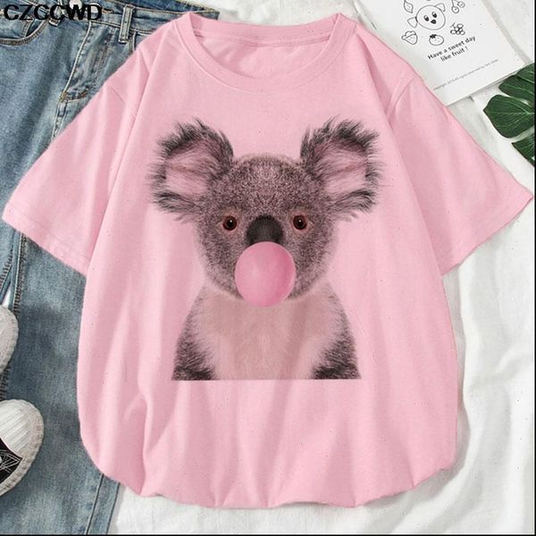 

plus size pink womens t shirt cute koala love to sleep printed casual graphic t shirt o neck 90s ladies girl harajuku, White