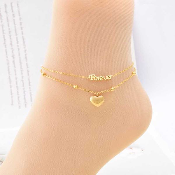 

anklets 316l stainless steel fashion high-end jewelry 2 layers beaded forever love heart charm chain anklet for women tobilleras, Red;blue