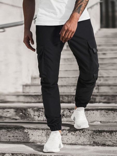

men solid drawstring cargo pants d89r#, Black