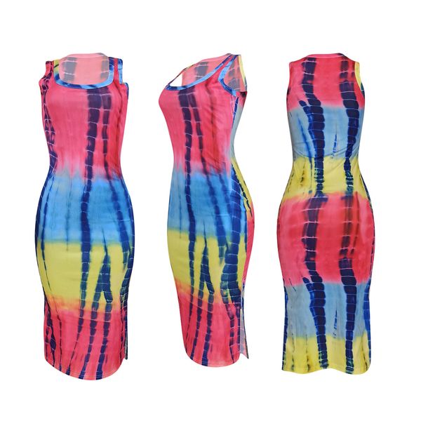 

tie dye print club dress women 2020 sleeveless side split bodycon midi dress party night beach dresses, White