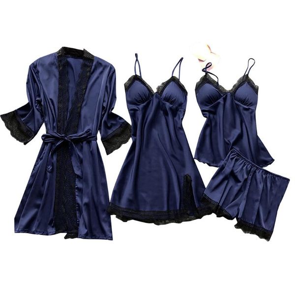 

women's sleepwear 4-piece home night gown pijamas set robe lingerie women silk lace dress babydoll nightdress pajamas, Black;red