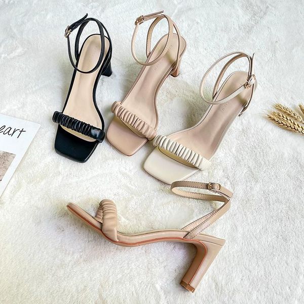 

dress shoes 2021 summer women sandals high heels woman thick heel ankle strap pleated solid black comfortable beach