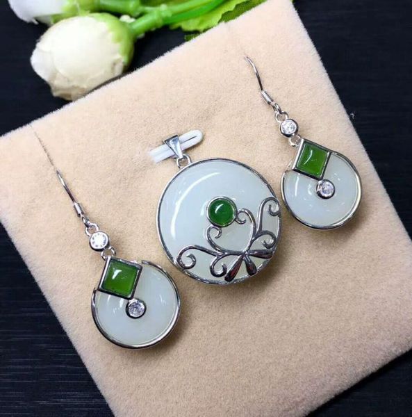 

bracelet, earrings & necklace hetian baiyu silver inlay set white jade safety buckle three-piece h28#, Black