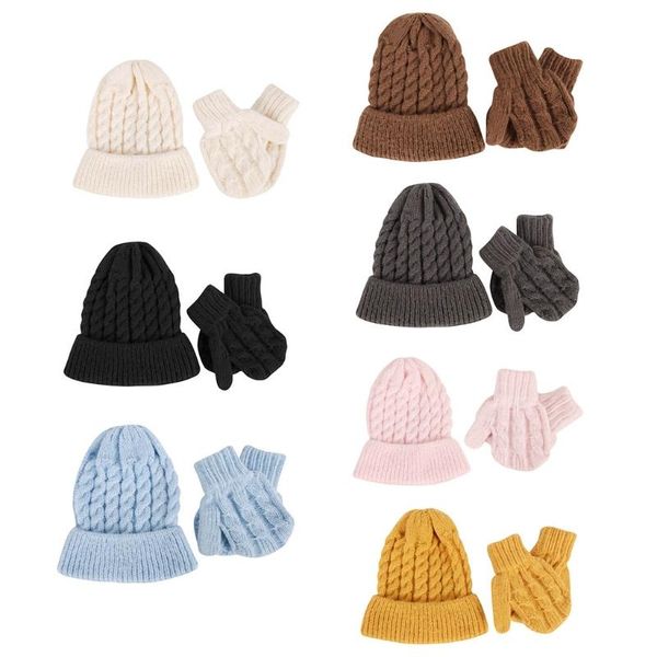 

caps & hats winter warm baby knitting wool hat gloves set solid color crochet beanies cap mitten kit for kids children girls boys, Yellow