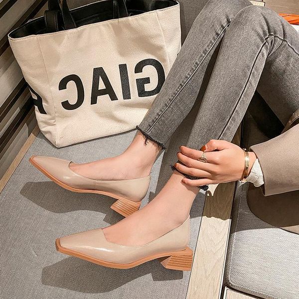 

genuine leather women's pumps square toe casual women shoes comfortable slip-on heel 2021 spring ladies, Black