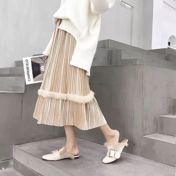 

skirts 2021 nov.11 arrival velvet pleated skirt korean style slim high waist hair splicing woman long, Black