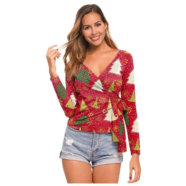 

elegant blouse women 2021 spring pleated christmas tree print blouses ladies pink v neck wrap chiffon ropa mujer e3, White