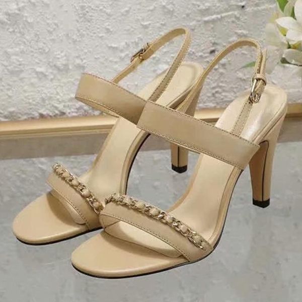 

sandals chain woman shoes buckle lady round toe zapatos de mujer thin middle heels summer women solid female 2021, Black