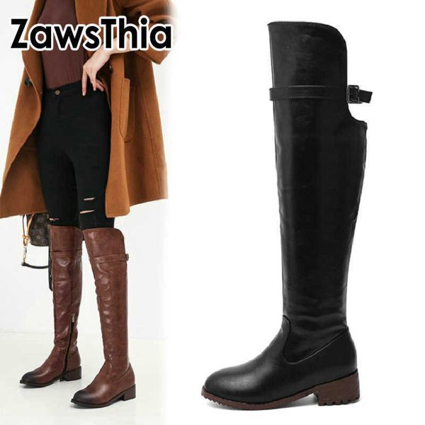

zawsthia woman winter shoes chunky low heels black brown pu women punk horse riding boots comfortable loose knee-high boots 210611