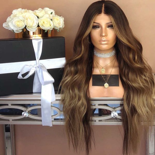 

wig female black gradient tan medium split micro curly long straight dyed chemical fiber hair set