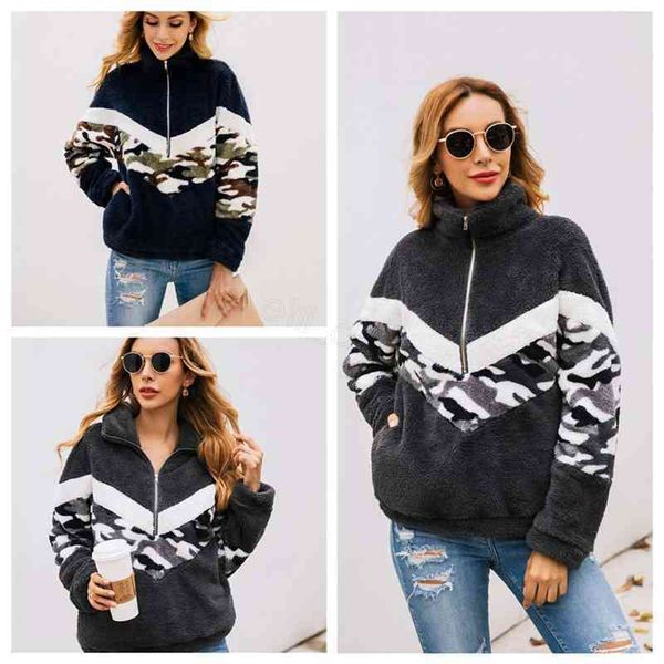 

women patchwork pullover long sleeve zipper sherpa sweatshirt soft fleece camouflage camo outwear with pockets hoodie coat ljja2862, Black