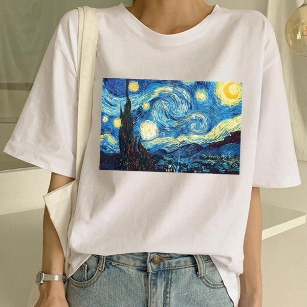 

2021 aesthetics van gogh print tshirt harajuku vintage clothes women short sleeve tee art vintage japanese style streetwear, White