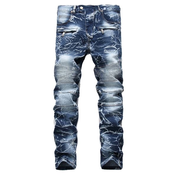 

brand mens snow designer fashion slim skinny moto biker casual jeans straight motorcycle men destroyed denim trousers 210723, Blue