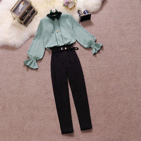 

women's two piece pants amolapha women autumn winter ol style clothes sets stand collar single breasted slim blouse+high waist trousers, White