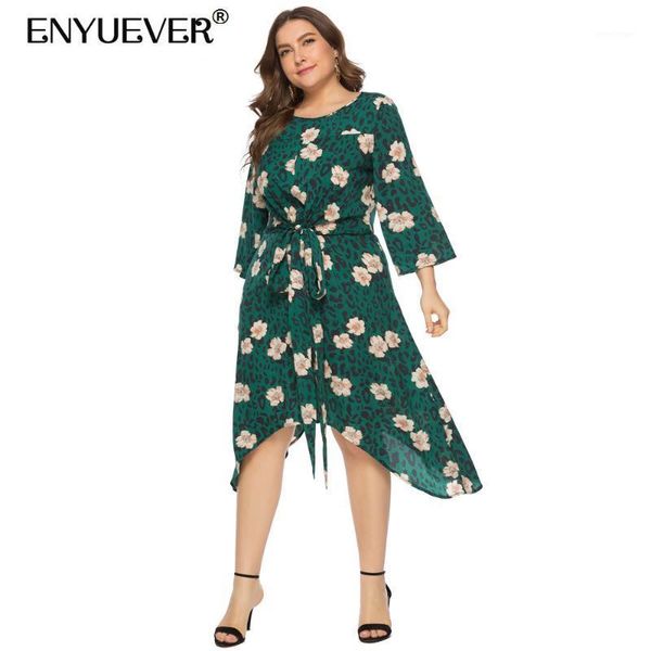 

enyuever plus size summer dresses casual clothes 5xl 6xl sleeve high waist irregular hem floral print beach party women, Black;gray