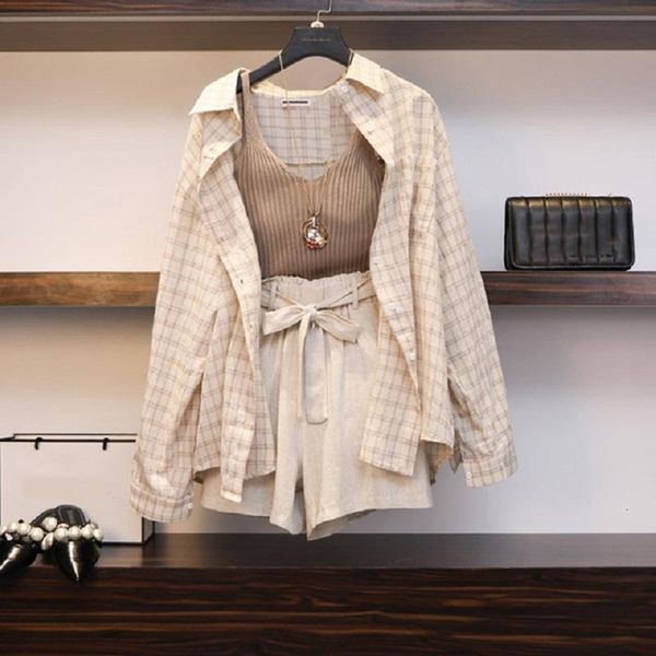 

summer women' suit 3 piece set plaid blouses tank elastic waist belt outfit 2021 wide leg long sleeve woman check suits, Gray