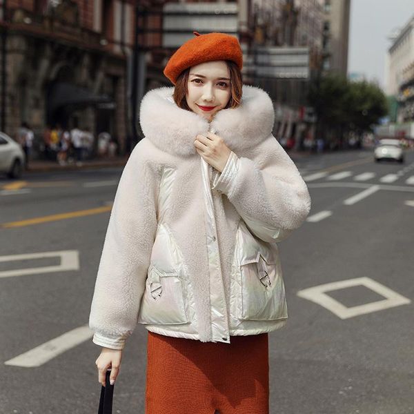

women 2021 winter lamb hair down jacket female natural fur collar hooded parka loose patchwork casual warm outerwear b127, Black