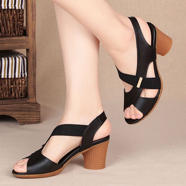 

new mid-heel sandals women summer shoes comfortable high heels thick heel peep toe non-slip soft bottom mother shoes slip-on, Black