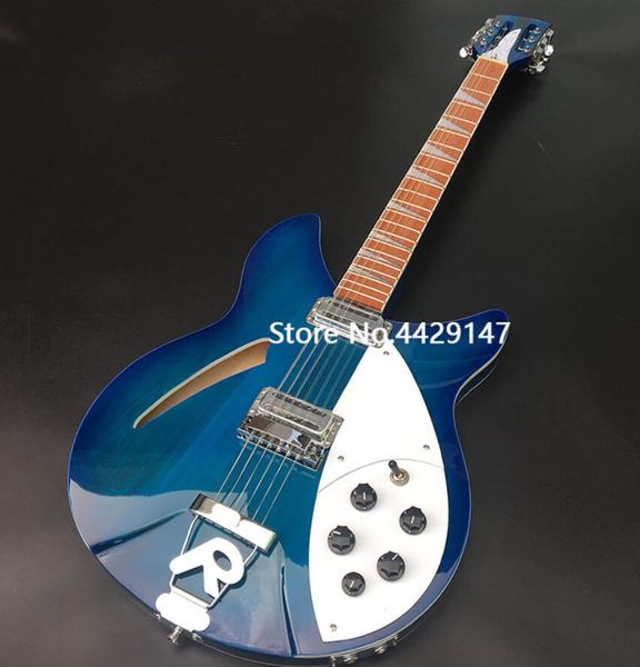 Förderung! 330 360 12 Saiten blaue halbhohle Korpus-E-Gitarre, glänzend lackiertes Palisander-Griffbrett, Vintage-Stimmgeräte, zwei Eingangsbuchsen