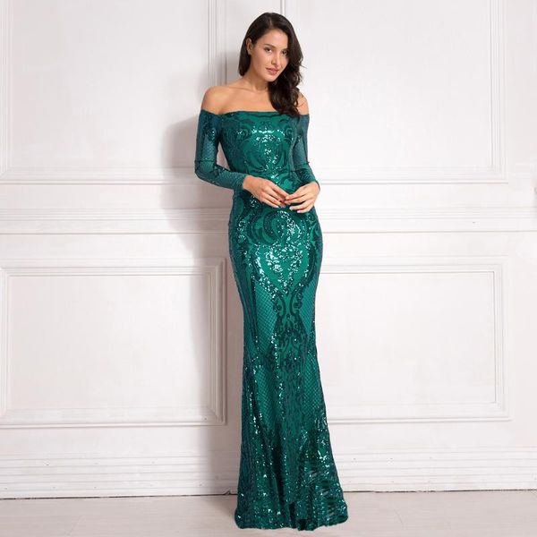 

casual dresses shiny green sequined padded maxi off the shoulder slash neck lining party dress bodycon stretchy elegant gold, Black;gray